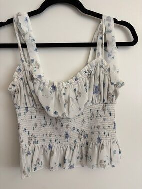 Aritzia White Floral Smocked Crop Top with Blue Accents